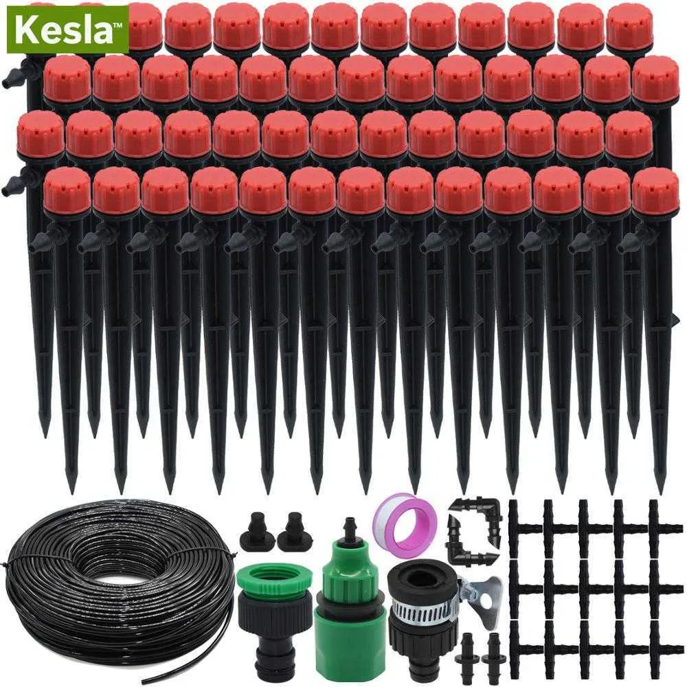 KESLA 25m Micro Drip Irrigation Watering Kit System Automatic & Adjustable 50PCS 17CM Dripper Stake for Potted Garden Greenhouse 210610