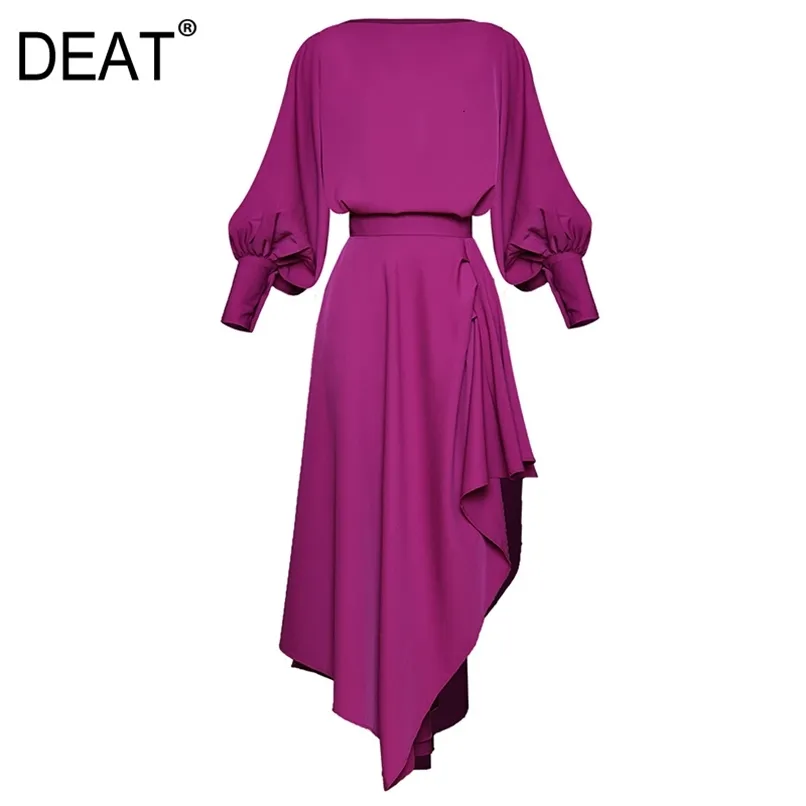 DEAT Autumn Fashion Designer Suit Women Lantern Sleeve Loose Tops Asymmetrical Skirt Two-piece Set MH027 211108