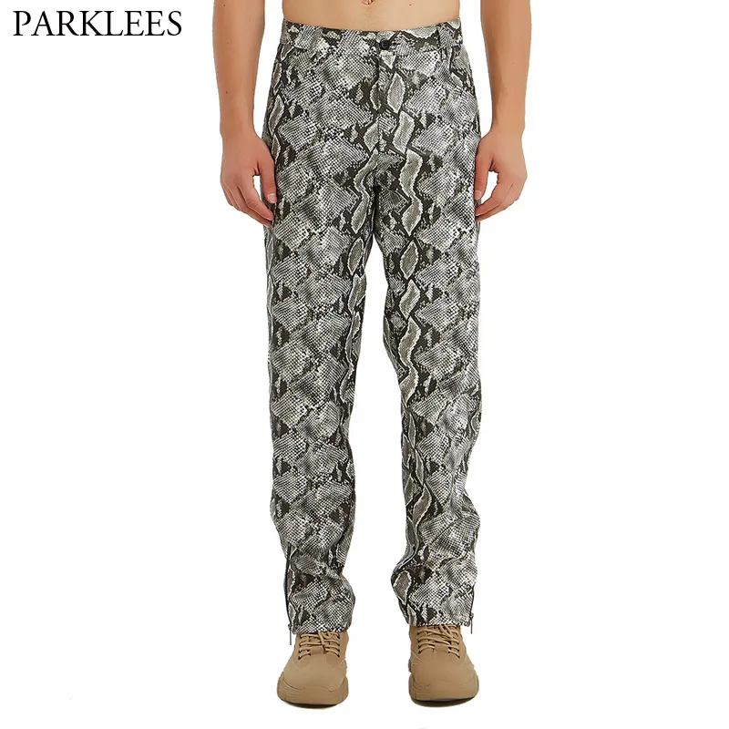 Mode Snake Pattern Pant Mens Dance Stage Män Lång Pant PU Läder Byxor Män Casual Loose Hip Hop Zipper Men Byxor Homme 3XL 210524