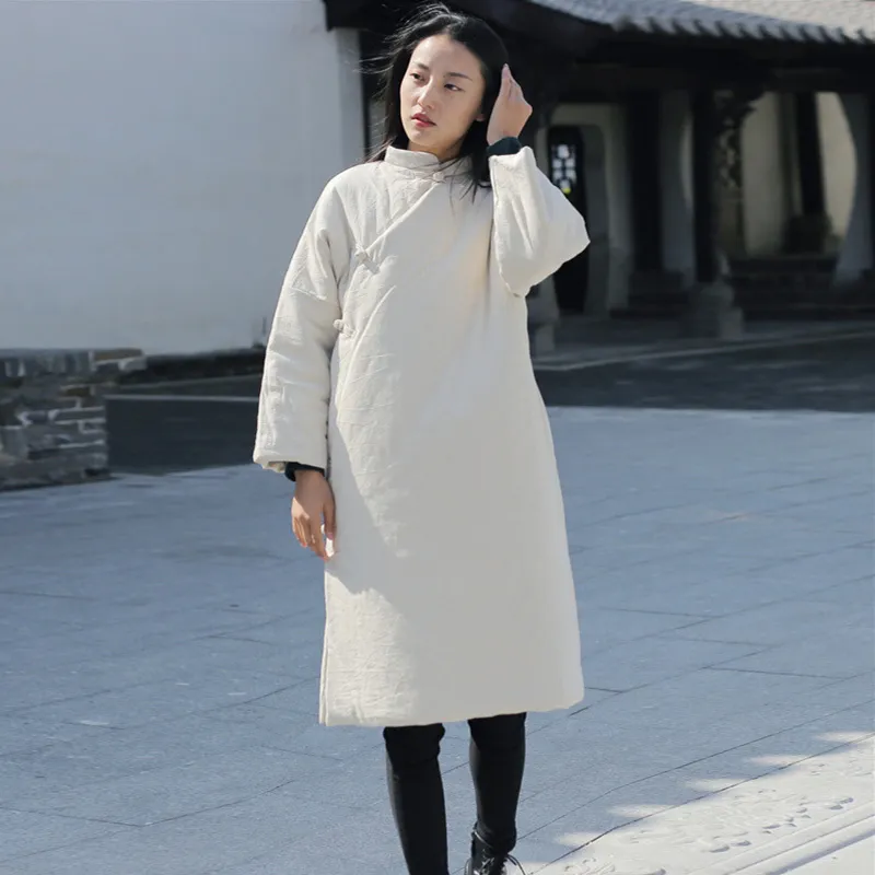 Johnature Frauen Chinesischen Stil Cheongsam Mäntel Baumwolle Leinen Parkas Winter Stehen Lange Ärmel Einfarbig Warme Vintage Parkas 210521