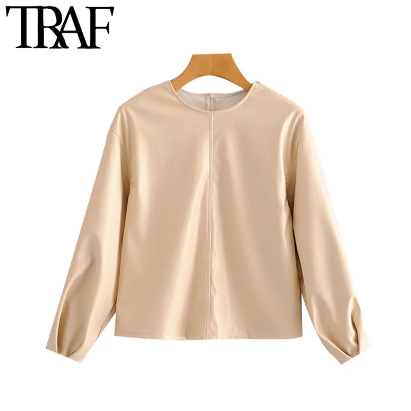 TRAF Kadınlar Moda PU Faux Deri Gevşek Bluzlar Vintage Uzun Pileli Kollu Geri Fermuar Kadın Gömlek Blusas Chic Tops 210415