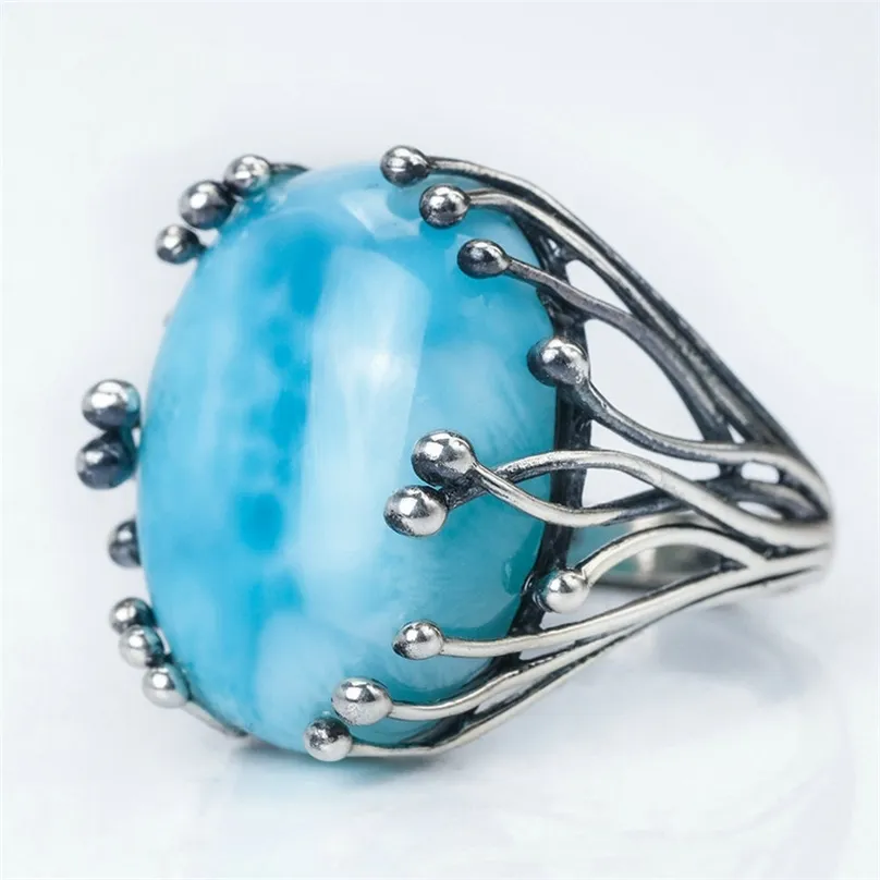 Natural Larimar 925 Silver Ringar för Kvinnor Blå Gemstone Man Big Fine Smycken Öppnande Ring Design GEM Ovala 15x20mm 211217