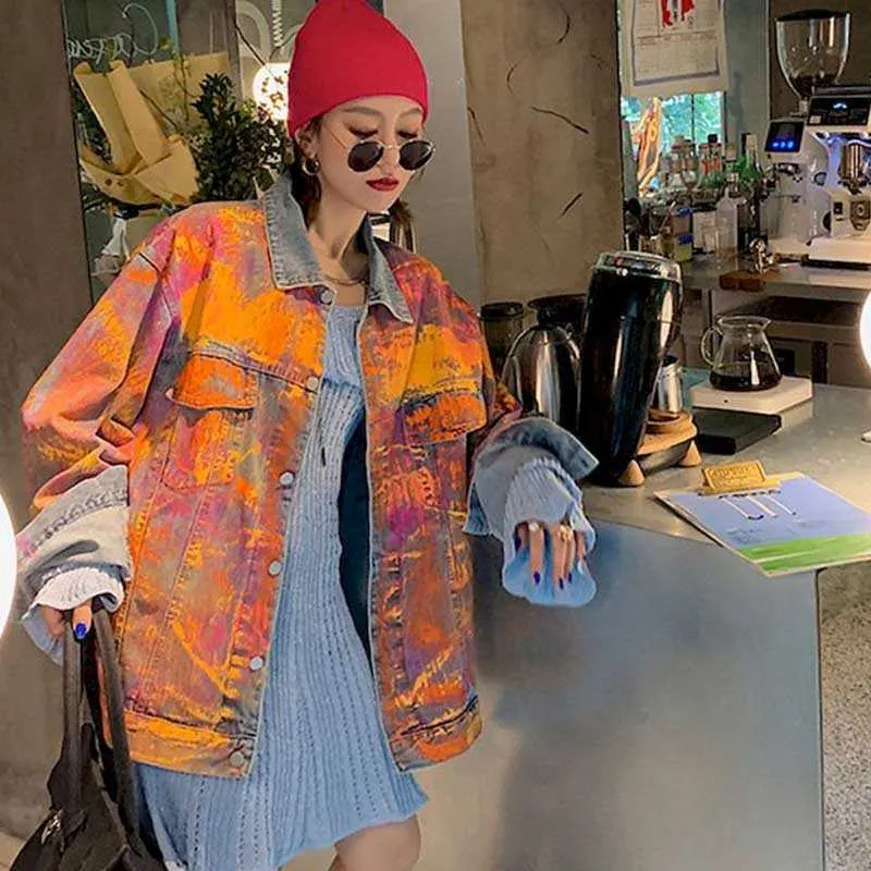 fashion tie-dye denim jacket mid-length all-match Korean style loose temperament female autumn fashi 210526