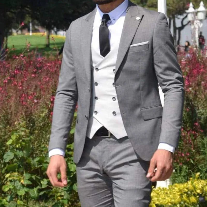 Fashion Casual Light Grey Men Suits For Wedding Groom Tuxedo 3 Piece Set Custom Made Man Jacka White Vest Mens Men's Blazers