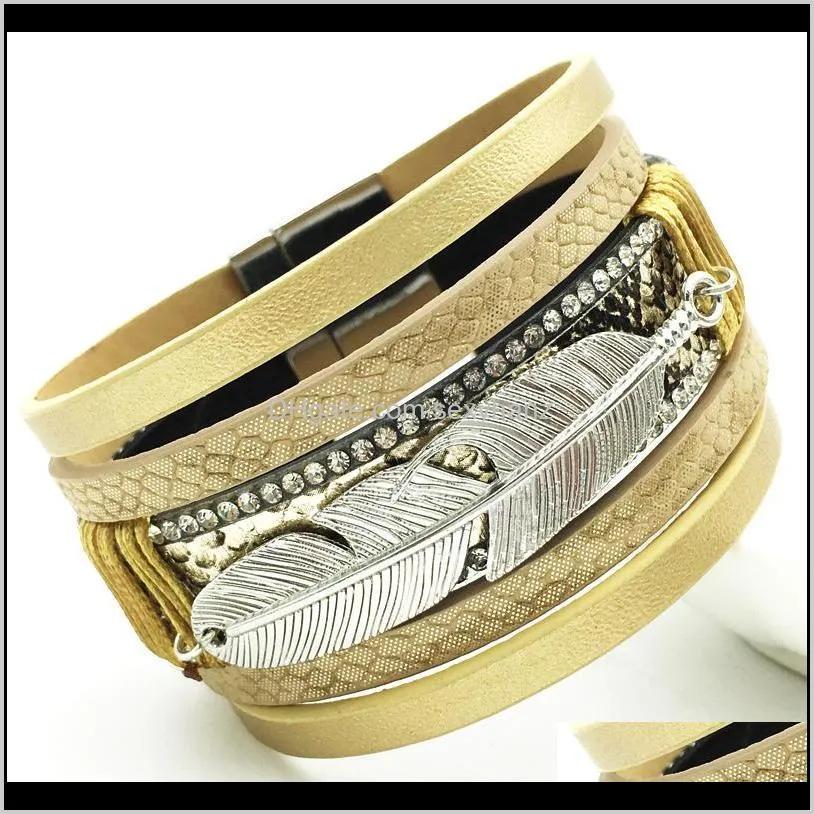 lemoer women fashion handmade alloy feather leaves multilayer wide magnetic leather bracelets&bangles jewelry femenino gift
