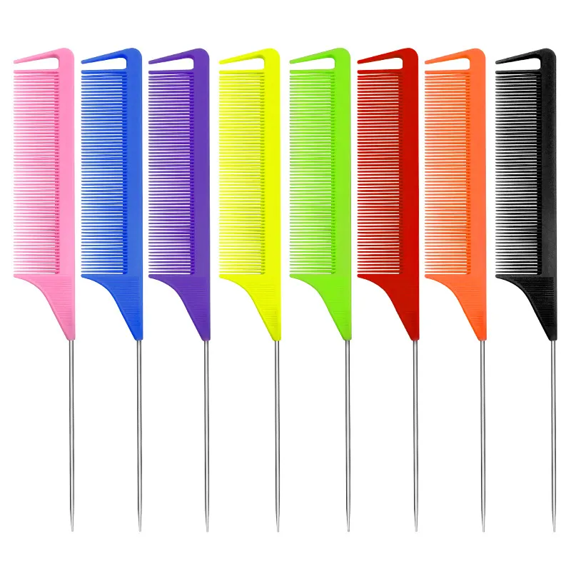 Candy Color Anti-static Rat tail Comb Fine-tooth Metal Pin Hair Brushes salon beauty Styling tool accept your logo