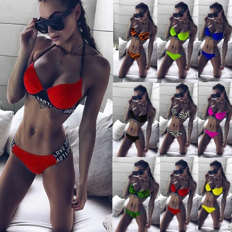 Kobiety kąpielowe w kąpieli dla kobiet Push Up Summer Swimsuit Bikini 8-kolorowe dwuczęściowe litera drukowania lampartu Wysokie rozciąganie seksowne kostki pływa