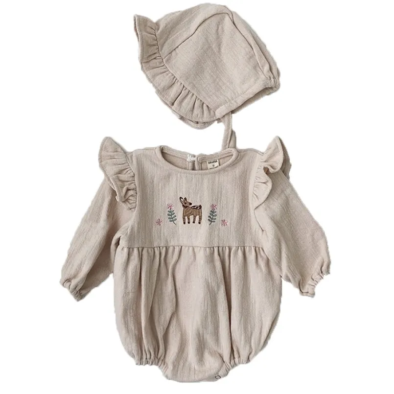 Koreli çocuk giyim bahar bebek bodysuits ahşap kulak dantel üçgen tırmanma bebek leotard 210702