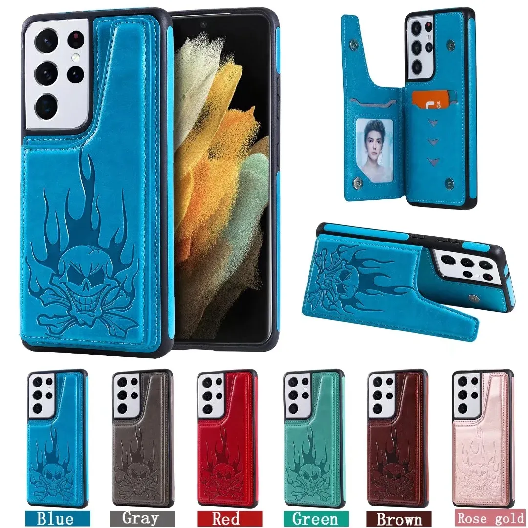 Stoßfeste Handyhüllen für Samsung Galaxy Note20 S21 S20 Ultra Note10 Plus, Doppelschnalle, Totenkopf-Muster, PU-Leder, Ständer, Schutzhülle mit Kartenfächern