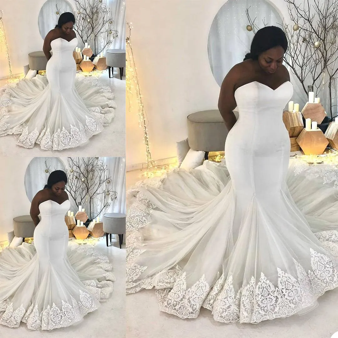 Africain Dubaï Arabe Plus La Taille Robe De Mariée Sirène Dentelle Appliqued Robes De Mariée Chérie Corset Dans Le Dos Balayage Train Mariage Robes Formelles Sur Mesure