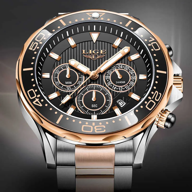 Uhr Männer LIGE Sport Edelstahl Wasserdichte Herrenuhren Top Marke Luxus Quarz Gold Uhr Armbanduhr Herren Chronograph 210527