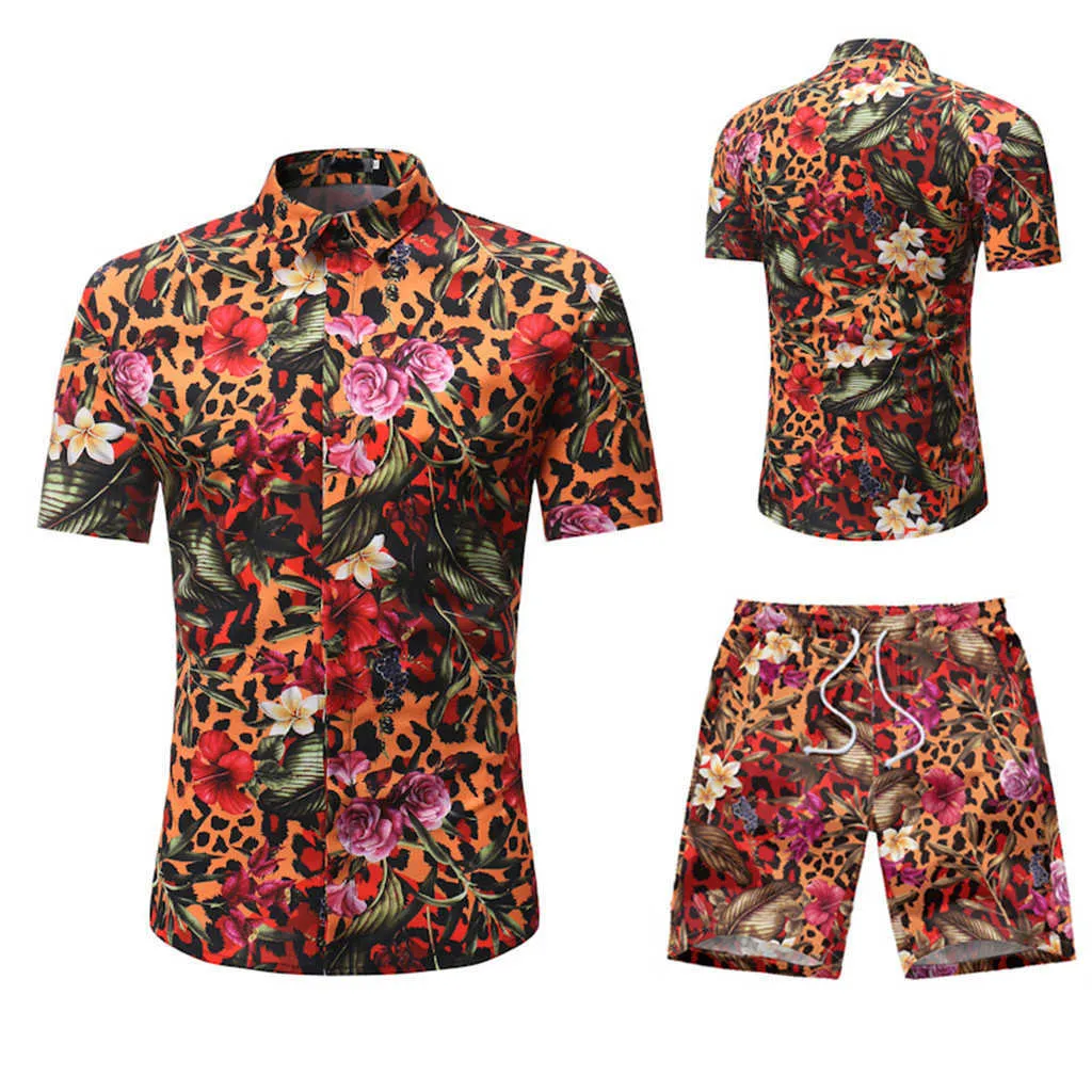 Hawaiian Print Short Sleeve T-shirt + Shorts Set 2 Piece Män Set Casual Shorts Sport Wear Beach Shirt Tracksuit Men Plus Size M-3XL X0610