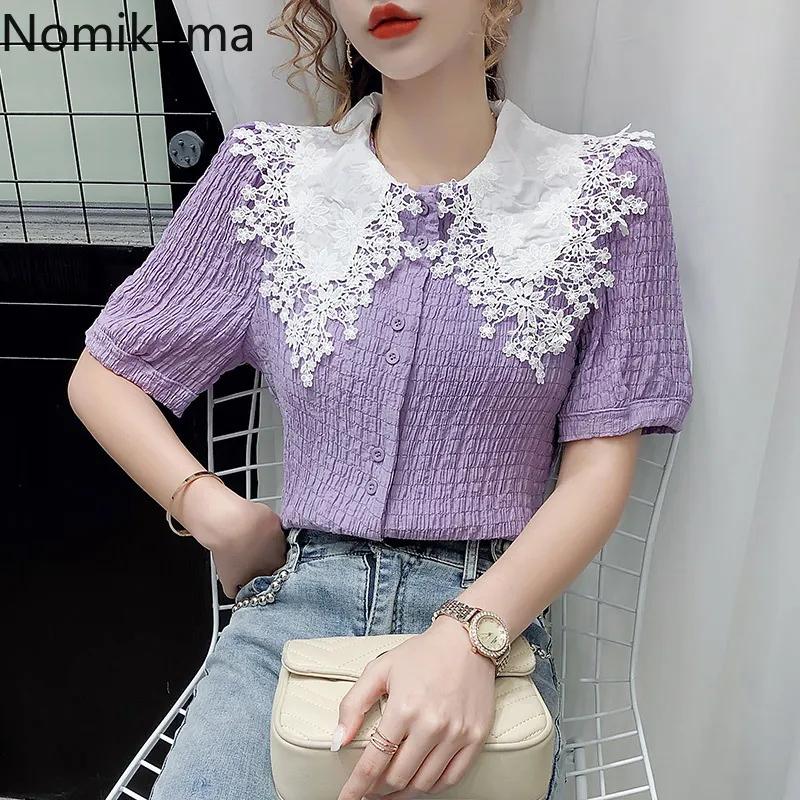 Nomikuma Elegante Spitze Patchwork Puff Sleeve Shirts Frauen Einreiher Vintage Mode Bluse Weibliche Sommer Tops Blusas 3b877 210514