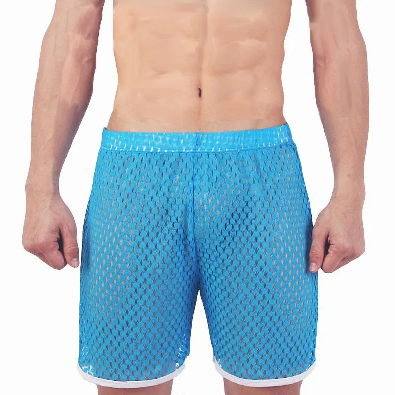 Meth Men Shorts Sexy Beach Board See przez Fishnet Gay Male Stage Loose Hollow Out Blue Red Black White Men's