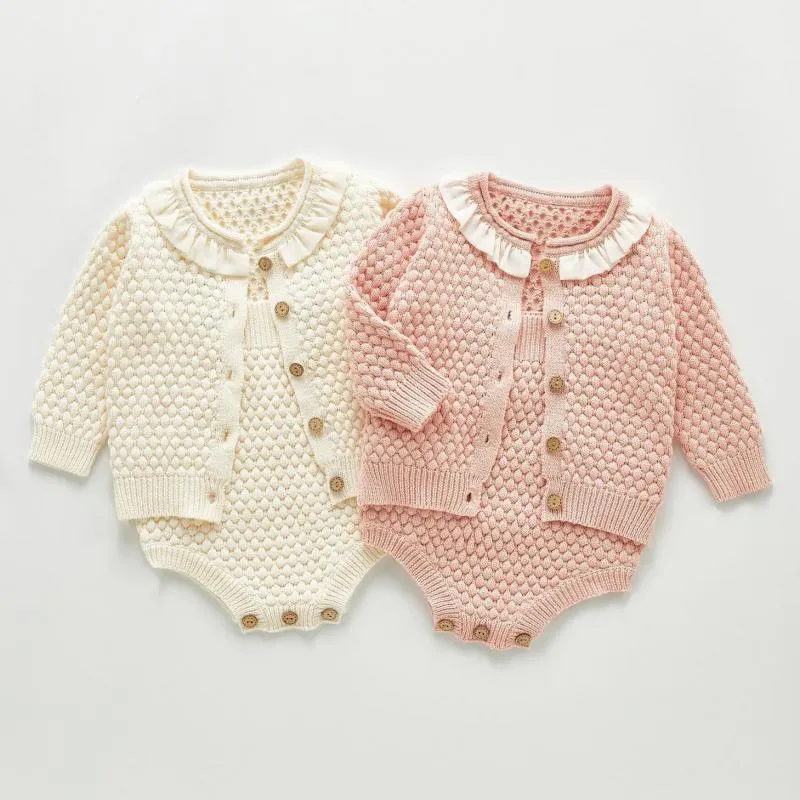 Herbst Mädchen Kleidung Stricken Bodysuit Set Neugeborenes Mädchen Strickjacke Säugling Pullover Baumwolle Mantel Baby Overall 210413