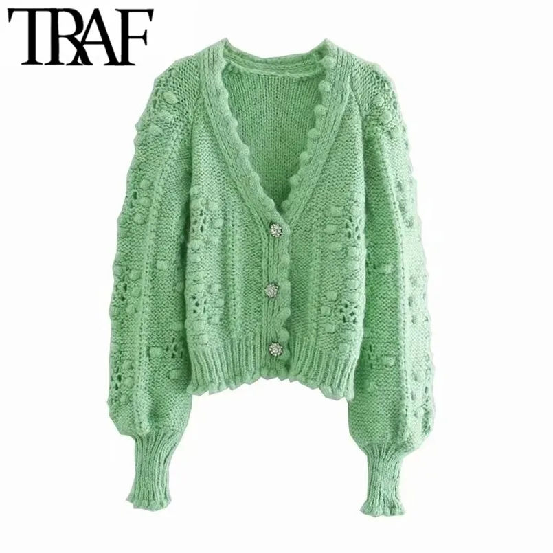 TRAF Women Fashion With Gem Buttons Pompom Detail Knit Cardigan Sweater Vintage Long Sleeve Female Outerwear Chic Tops 211103