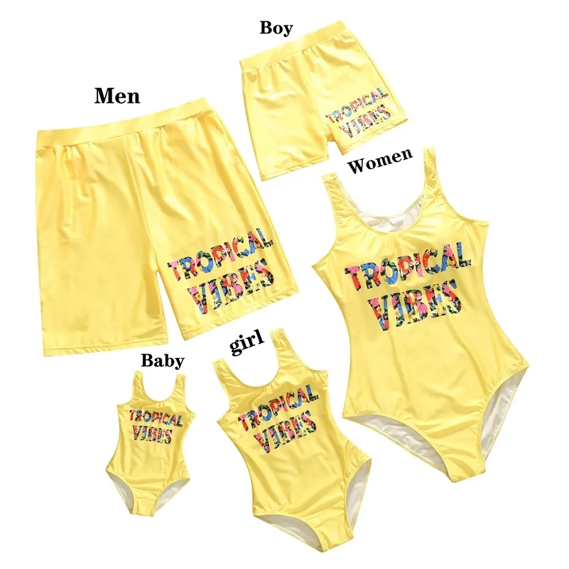 Family Matching Swimsuits Mother Daughter Swimwear Mom Dad and Me Boys Girls Father Son Swim Color letter Couples Beachwear 210417