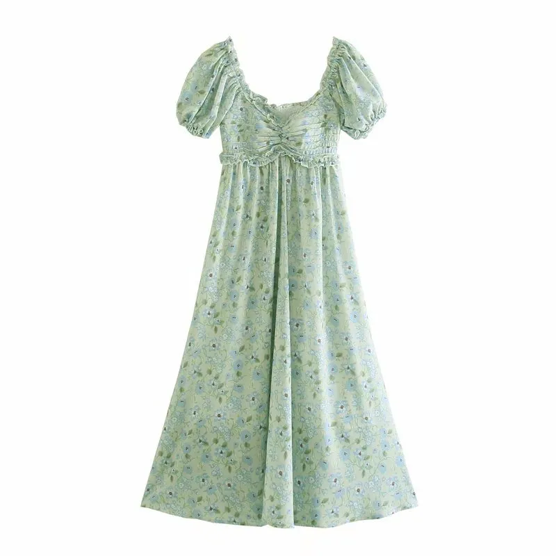 Women Fashion Elegant Green Floral Print Summer Dress Za Square Collar Midi Dress Empire Elastic Waist For Holiday Party 210521