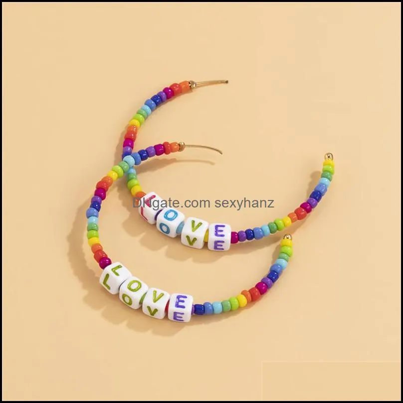 Bohemian Rainbow Color Beads Stud Earrings C-shaped Love Letter Ear Drop European Women Acrylic Rice Beaded Alloy Dangle Earring Jewelry