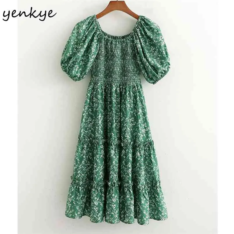 Prairie Chic Robe d'été Femmes Vert Floral Imprimer Femelle Lanterne Manches O Cou Genou Longueur Big Swing Robe 210514