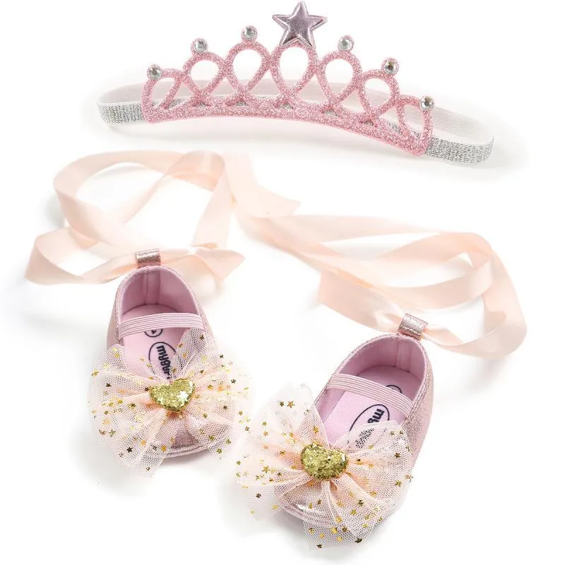İlk Walkers Prenses Bebek Kız Ayakkabı Doğan Bebek Sequins Yay Doğum Günü Partisi Ayakkabı + Kafa Hediye