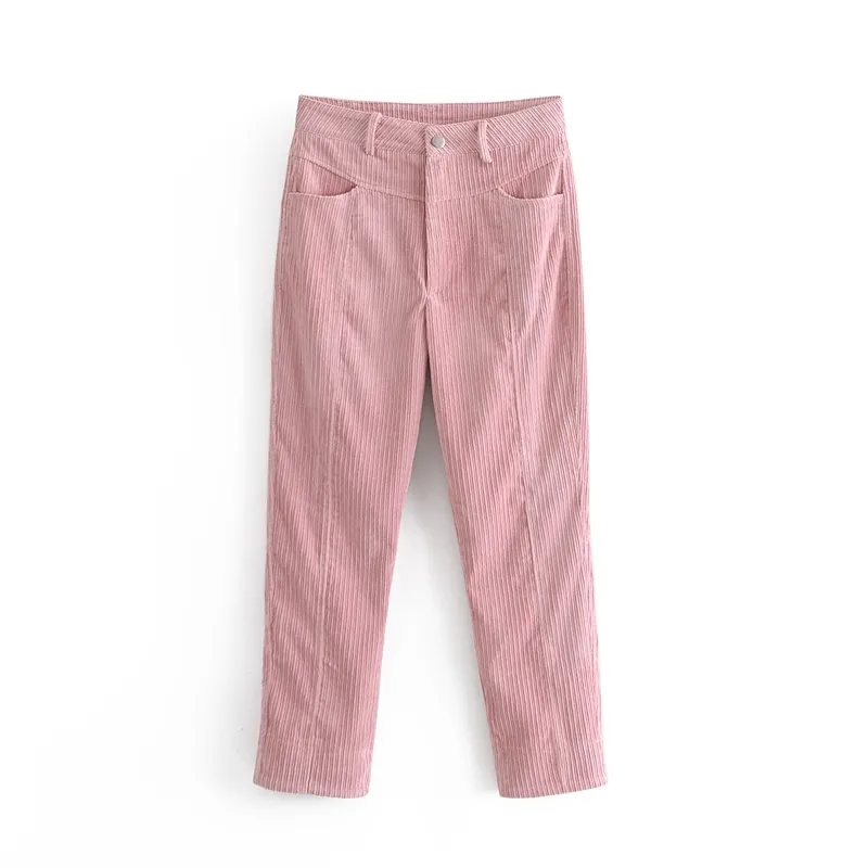 Mode höst casual chic corduroy rosa lång byxa kvinnor falla höga midja byxor slim penna byxor kvinnliga pantaloner 210508