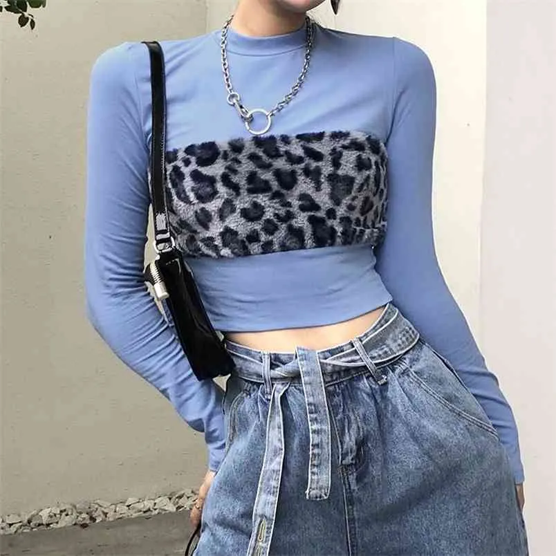 Kawaii Leopard Fur Patched Mock Neck Y2k Crop Top Manica lunga Blu Bianco T-shirt Donna Harajuku Tee Shirt per abbigliamento donna 210510