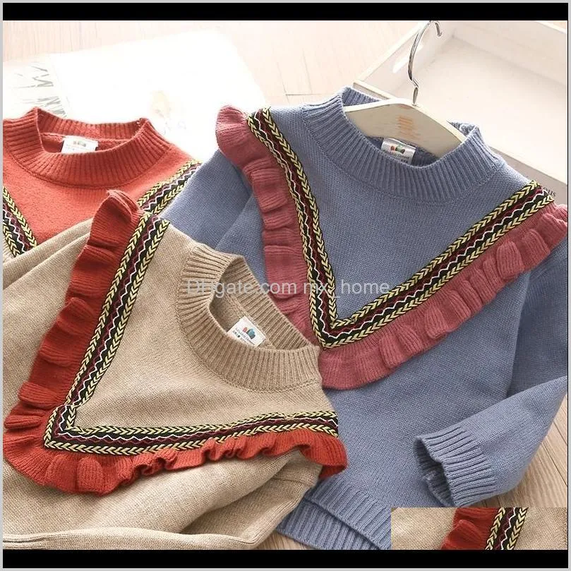 Sweaters baby moederschap drop levering 2021 herfst lente 2 310 12 jaar kinderkleding oneck gebreide trui katoenen ruches patchwork ki