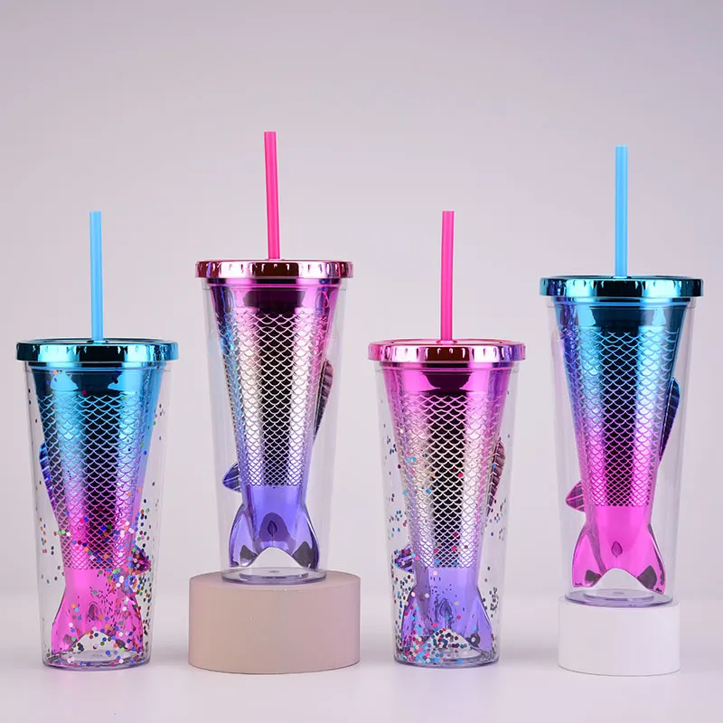 4 Styles Gradient Sequined Water Mug Mermaid Plating Cup Plastic Straw Cups Children Milk Mugs Christmas Gifts