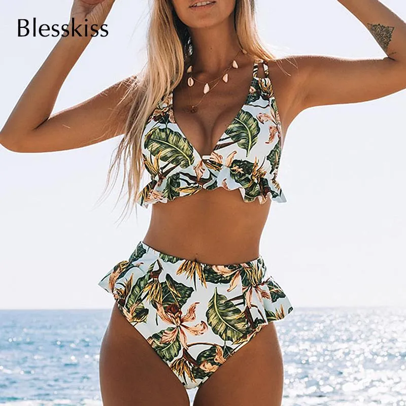 Seksowne bikini wysoka talia strój kąpielowy kobiety 2021 Drukuj liść Halter Brazylijski Swimwear Zestaw Kostium Kostium Kostium Highwaist Kąpiel Kobiety