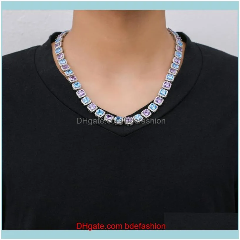 New high quality hip hop men`s necklace in Europe and America 10 square color blue zircon necklace blingchain