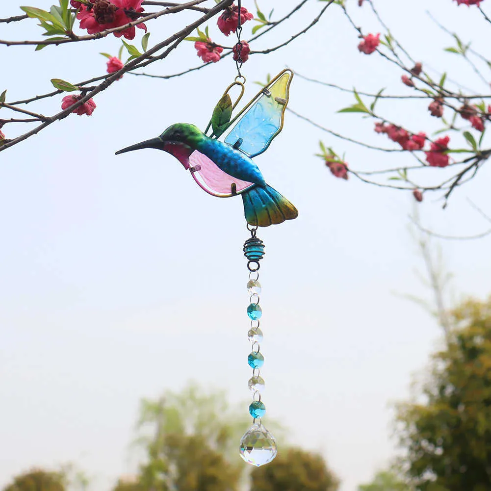 Dragonfly Bird Crystal Pendant Colorful Beads Hanging Drop Outdoor Garden Window Wedding Chandelier DIY Decorations Q0811