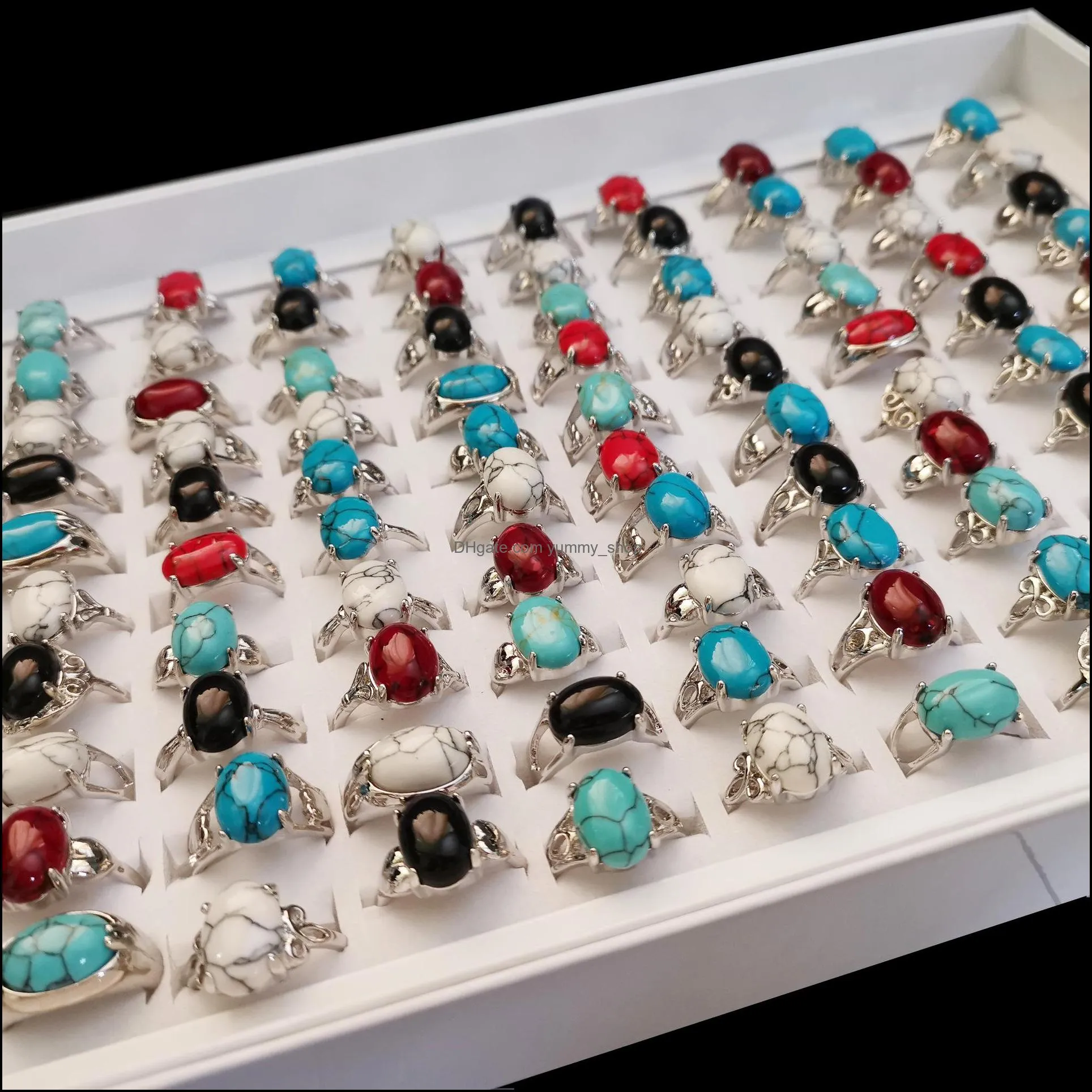 50pcs/lot New Oval Natural Turquoise Rings For Women Men Fine Jewelry For Anniversary Party Gift Vintage Antique Silver Ring