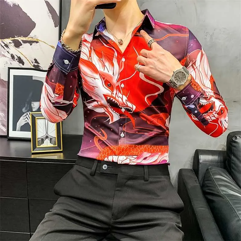 Chiński styl Dragon Drukuj Mężczyźni Koszule Koszulki Homme Z Długim Rękawem Slim Fit Casual Koszulka Social Party Nightclub Mężczyźni Odzież Camisa 210527