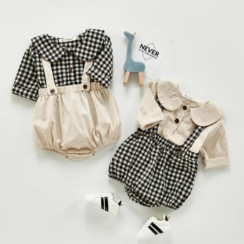 Baby Boys Clothes Set 2pcs Baby Doll Collar Shirts à plaid à manches longues + Sangle de couleur solide Conserver les bébés filles tenues 210413