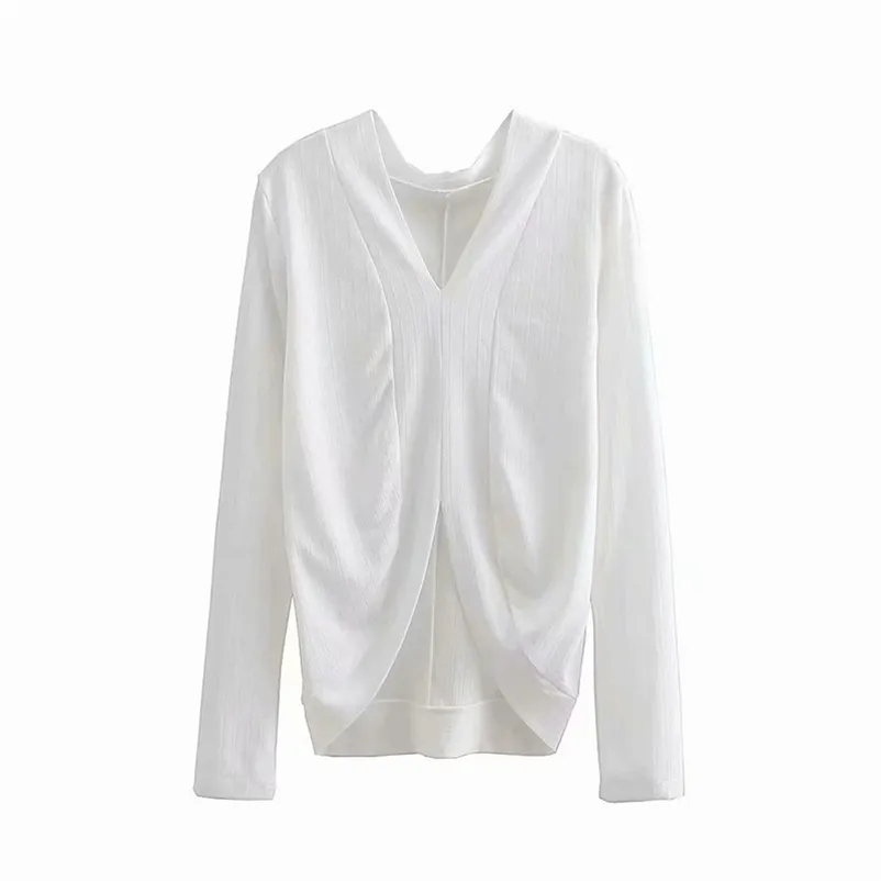 Streetwea Женщины Сплошные Белые Рубашки Мода Дамы V-образным вырезом Полиэстер вязаные Топы Элегантные Женские Шикарные Тонкие блузка 210527