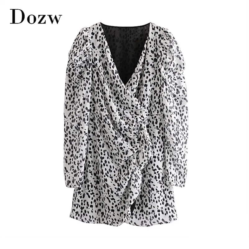 Moda donna Abito in chiffon leopardato con scollo a V Puff manica lunga Streetwear Mini es Lady Ruffles Donna A Line Vestito estivo 210515