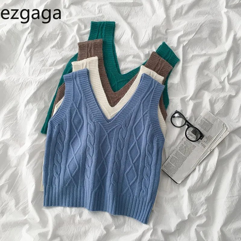 Ezgaga trui vest vrouwen mode twist v-hals lange mouw mouwloze tops solide losse vest Korea stijl All-match casual 210430