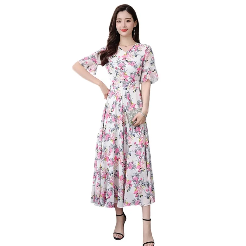 Dress Summer Dress Donne Bianco Stampa rossa M-3XL Plus Size Chiffon Es Coreano Ufficio V Collo V Elegante Slim Maxi LR223 210531