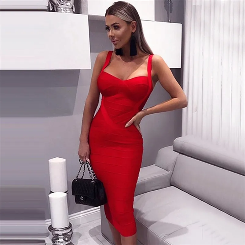 new women sexy celebrity midi red white hl elastic bandage dress spaghetti strap club bodycon party dress wholesale HL434 210331