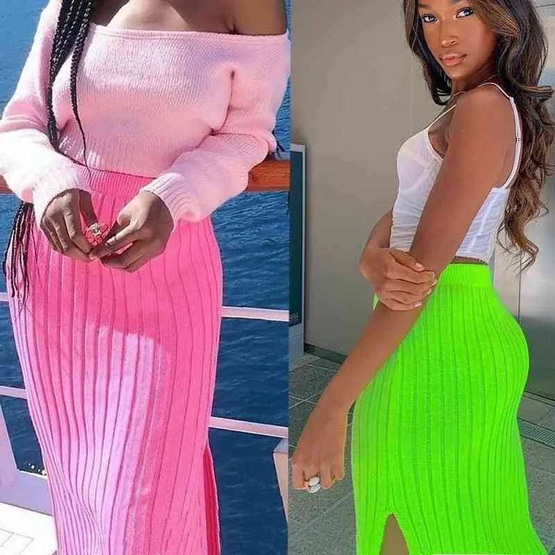 Hög midja Bodycon Neon Rosa Kjol Kvinnor 2021 Ny Höst Vinter Strikkad Midi Skirt Kvinna Elegant Office Workwear Penna Kjolar X0428