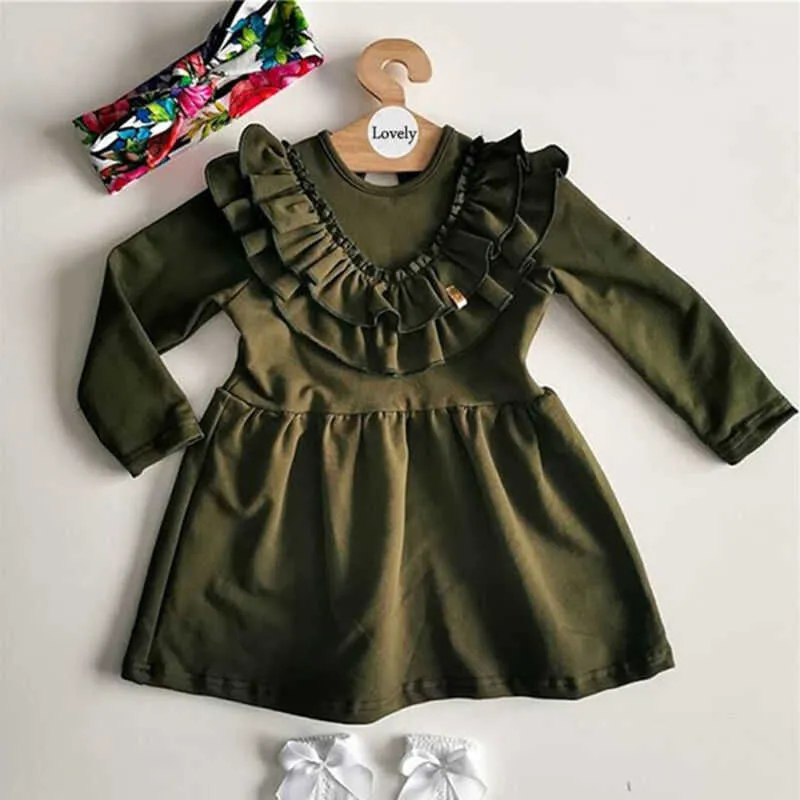 Toddler Kid Neonate Abiti casual Solid Ruffle Long Seeve Dress Outfit Vestito estivo Fascia Cute Grils Dress Q0716