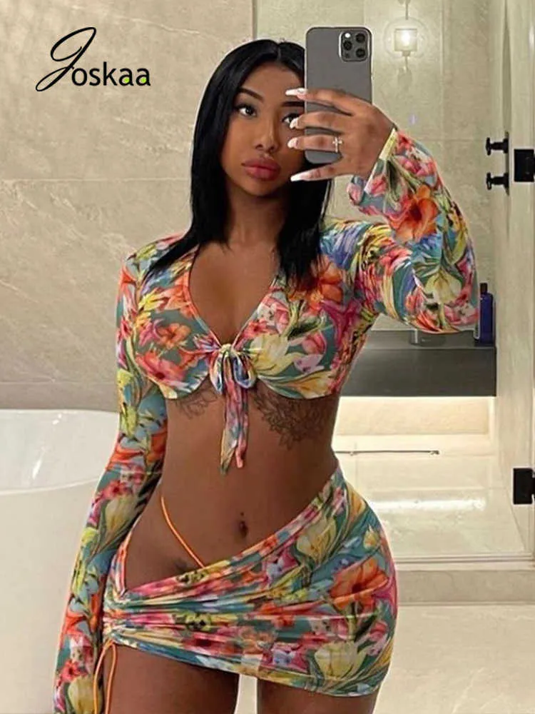 Joskaa Floral Print Mesh Long Flare Sleeve Top And Skirt Two Pieces Set Matching Holiday Birthday 2021 Outfits Party Clubwear X0709
