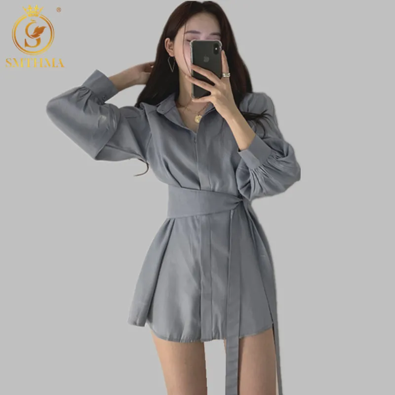 여성 2 피스 세트 한국 넥타이 벨트 느슨한 셔츠 + 캐주얼 두 복장 봄 반바지 의류 패션 210520