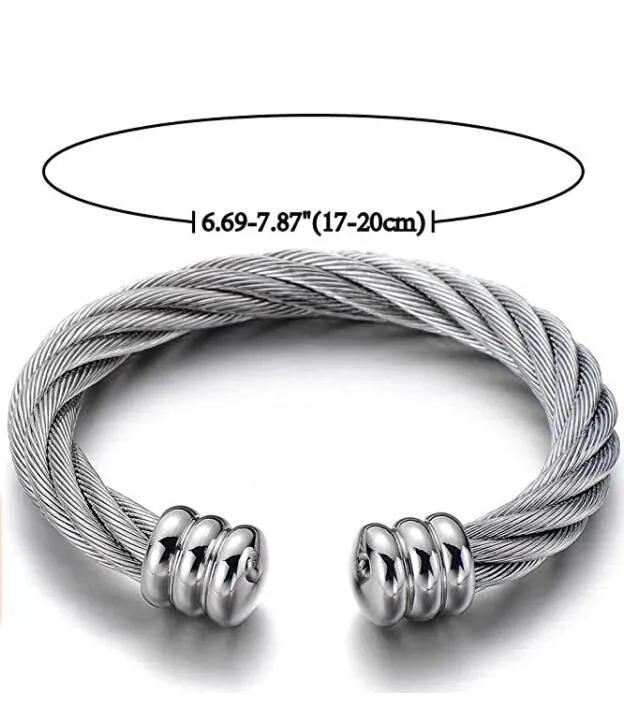 Large Elastic Adjustable Stainless Steel Twisted Cable Cuff Bangle Bracelet for Men Women Jewelry Silver Gold