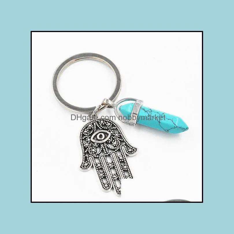 Fashion Keychain Hand of Fatima Charm Blue Evil Eye Hamsa Hands Pendant Handbag Charms Natural Stone Key Rings Keyring Chains Holder