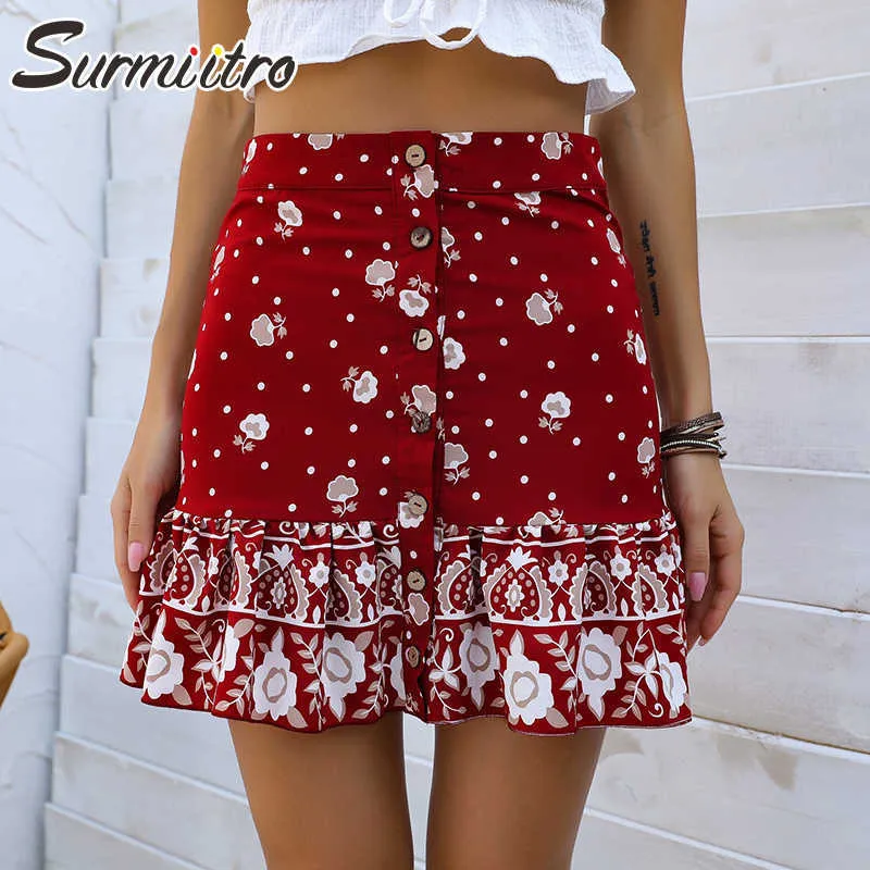 Surmiitro Summer Fashion Boho Mini Skirt女性レッドフローラルプリントフリルシングルブレストハイウエストAラインスカート女性210712