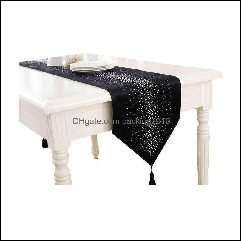 Pure black table runner with diamond down with bling Modern Table Runner Ironing Diamond 2 Layers Runner Table Cloth diamond 220107