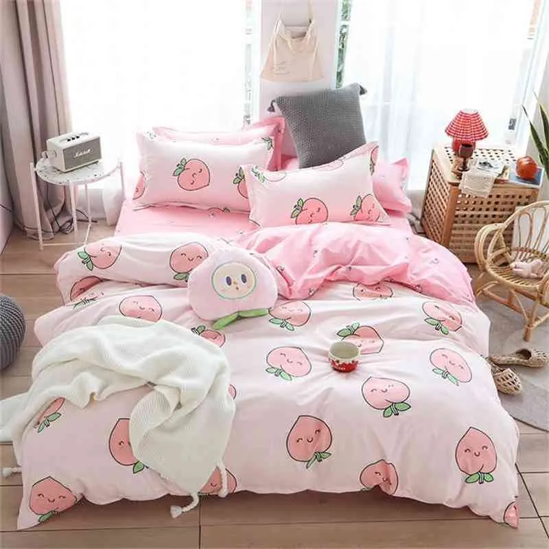 かわいいピンクの桃のプリントガールボーイ子供ベッドカバーセット布団カバー大人の子供のベッドシーツピローケースの掛け布団寝具セット61066 210706
