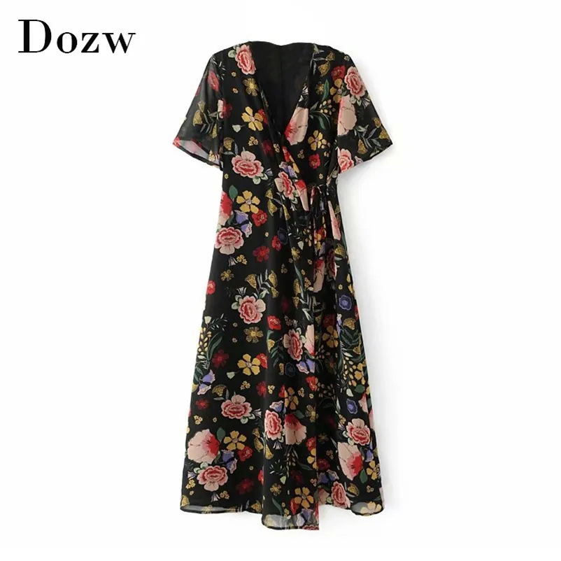 Chiffon Floral Print Boho Dresses Women V Neck Elegant Long Wrap Summer Short Sleeve Casual Beach Sundress 210515